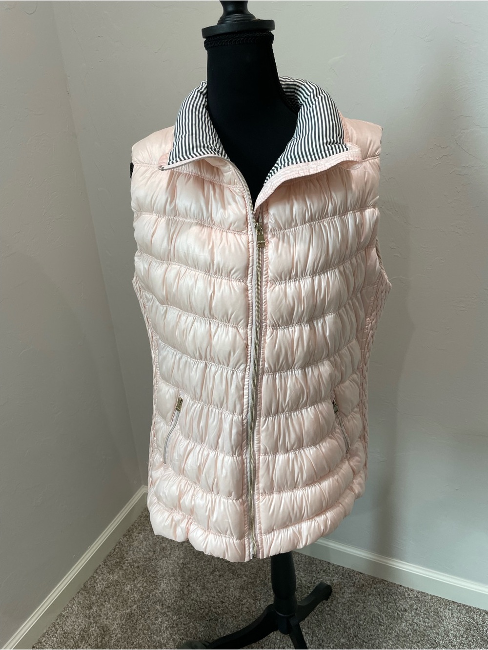 Calvin Klein Light Pink Quilted Puffer Vest with Striped Collar